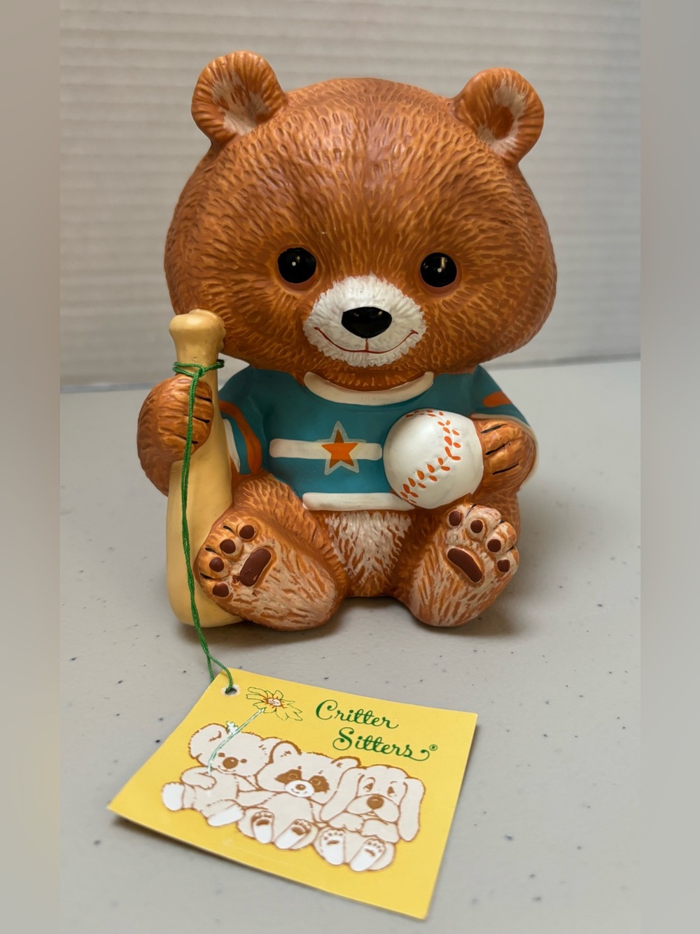 Vintage Enesco Critter Sitters Baseball Bear Ceramic Piggy Coin Bank Korea Made